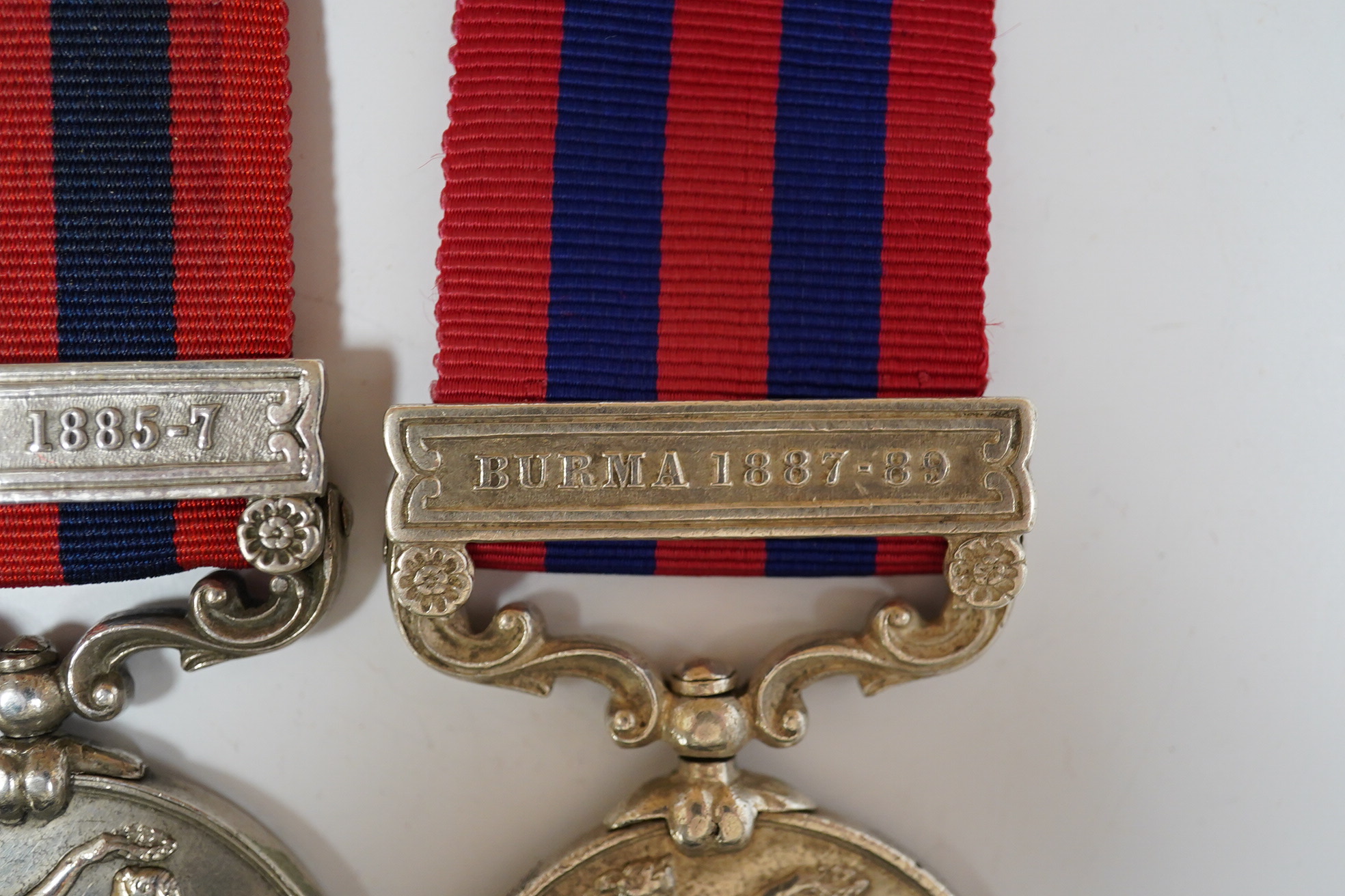 An India General Service Medal with Burma 1887-89 clasp Indian recipient, naming indistinct and another with Burma 1885-87 clasp to 15 Pte Mahomed Khan Milty Police